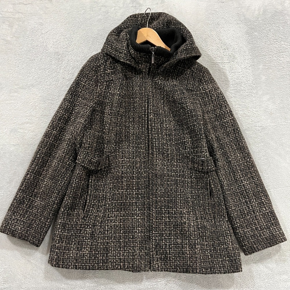 Croft Barrow Coat Women Medium Hooded Wool Zip Up Tweed Peacoat Old‎ Money
